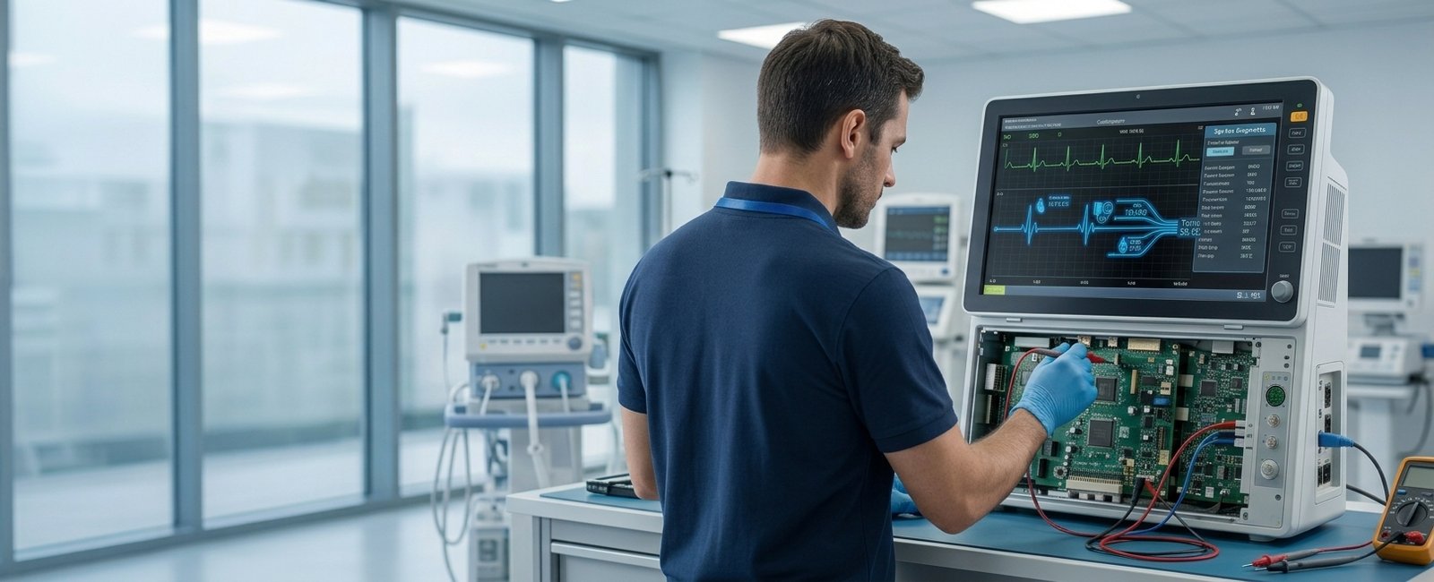 Técnico de MAVE dando mantenimiento a monitor de signos vitales