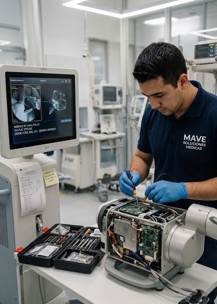 Técnico realizando mantenimiento preventivo a equipo médico